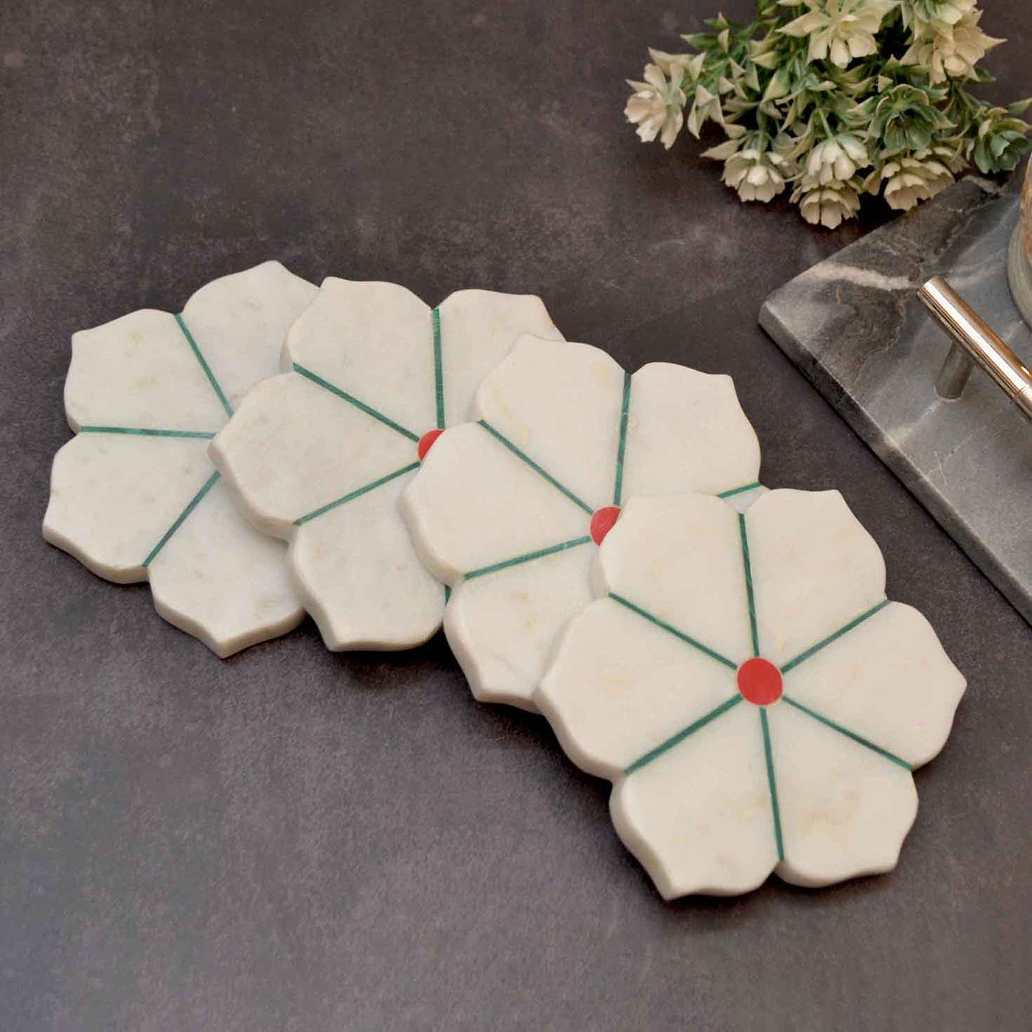 Floral Marble Coaster –Set of 4 ( Marble Soapstone)