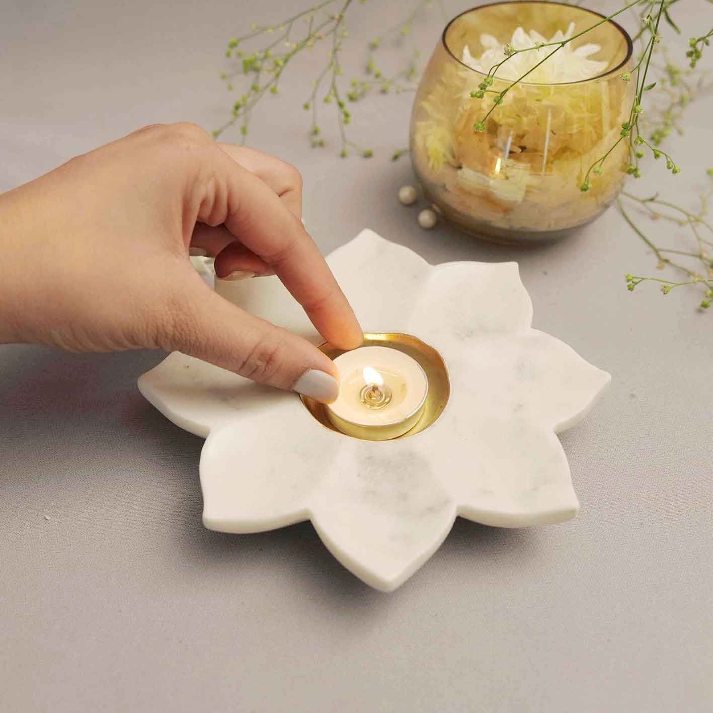 Sunflower Tealight Holder (Marble & Brass)