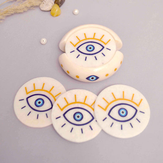 Evil Eye Coasters (Set Of 6 ) With Stand (Pietra Dura using semi-precious stones)