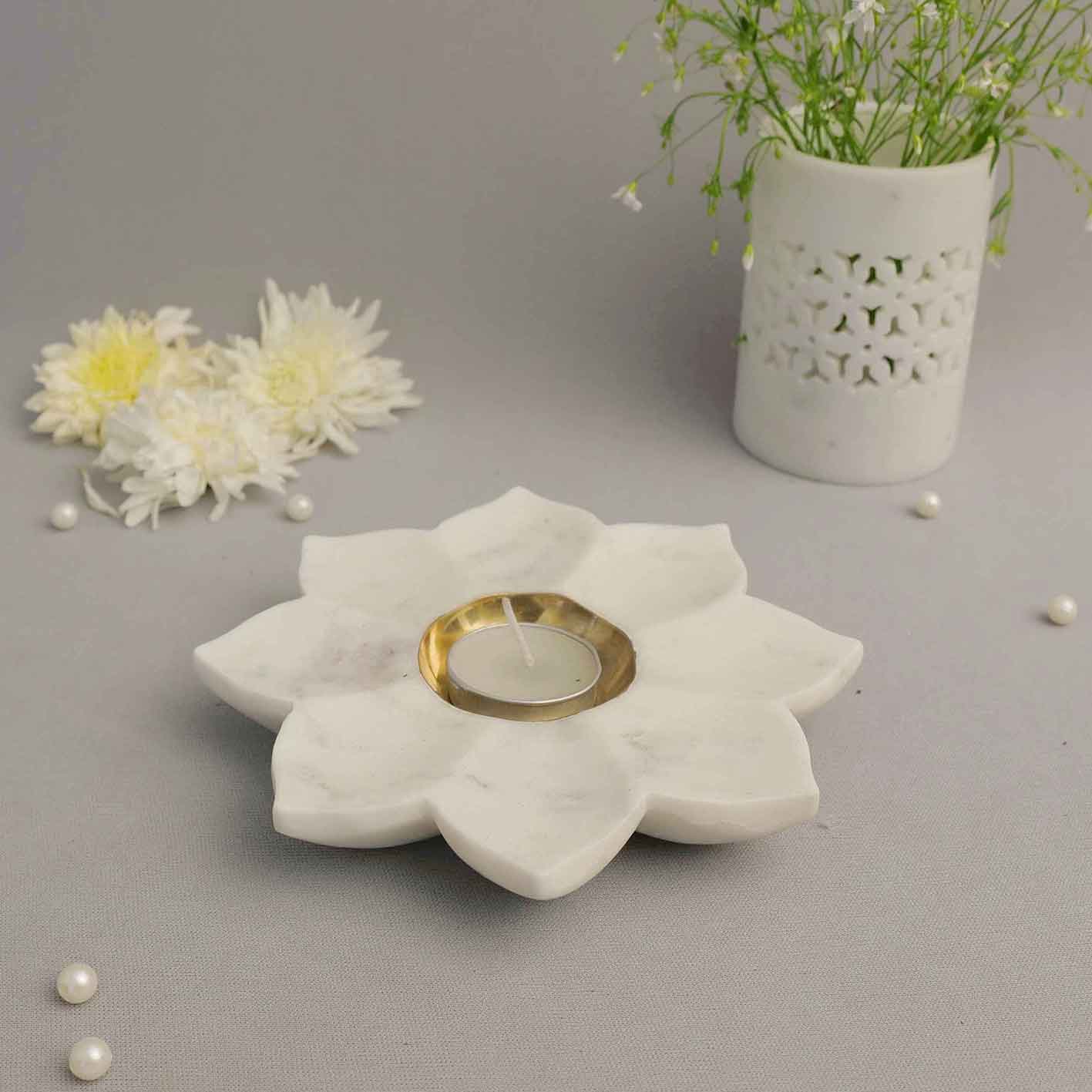 Sunflower Tealight Holder (Marble & Brass)