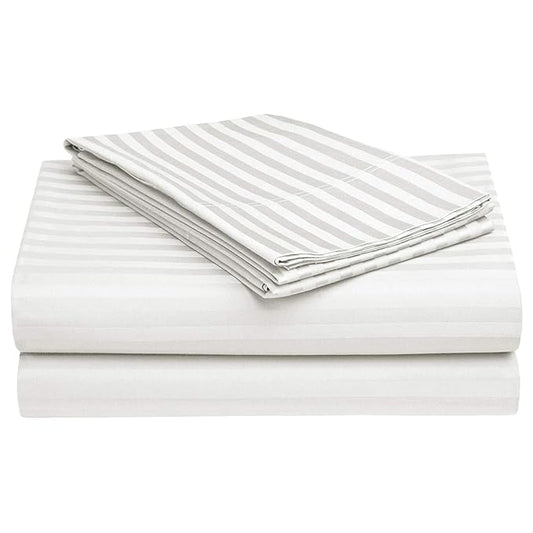 White Lined Plain Premium King Size Bedsheet (108" x 108") - 400 TC