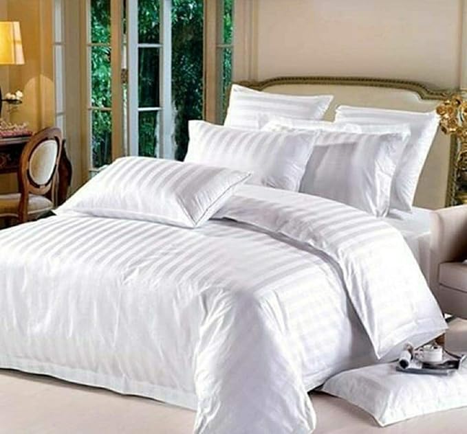 White Lined Plain Premium King Size Bedsheet (108" x 108") - 400 TC
