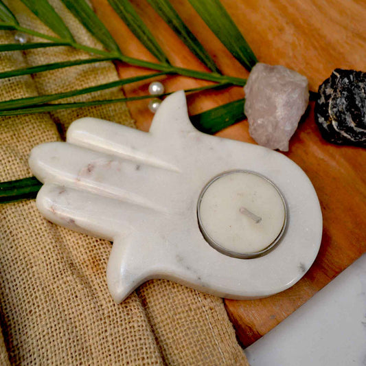 Hamsa Tealight Candle (White Marble)