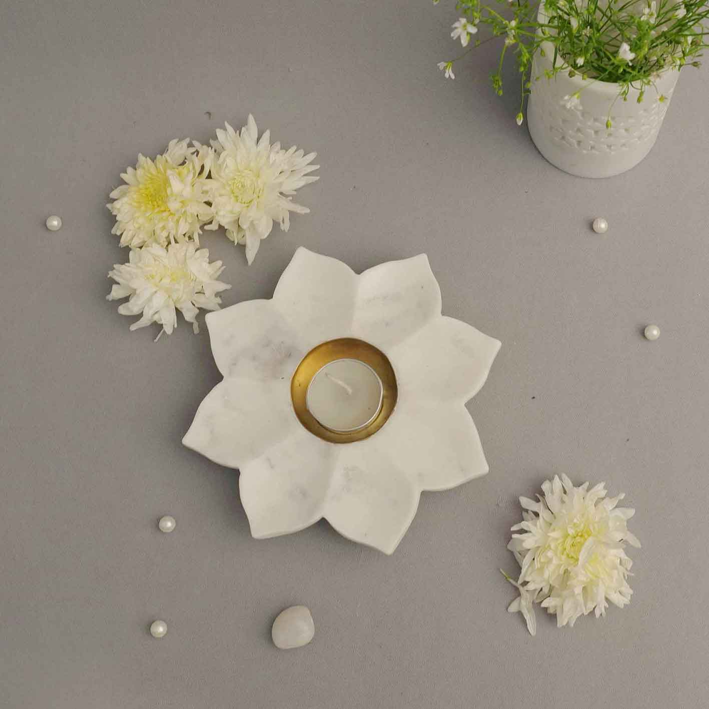 Sunflower Tealight Holder (Marble & Brass)
