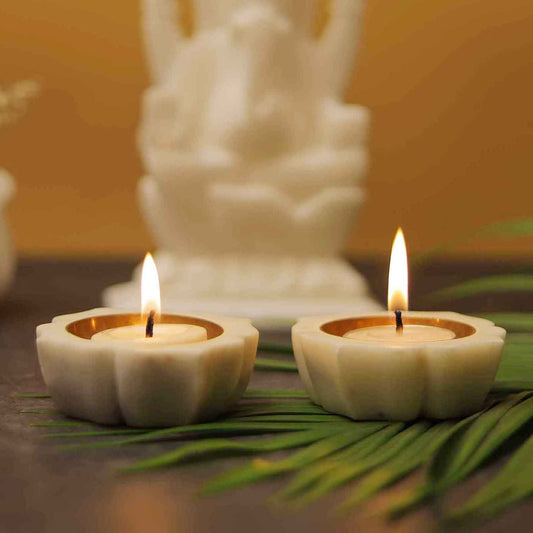 Petal Tea Light Holder Set of 2 (Marble & Brass)