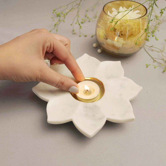 Sunflower Tealight Holder (Marble & Brass)