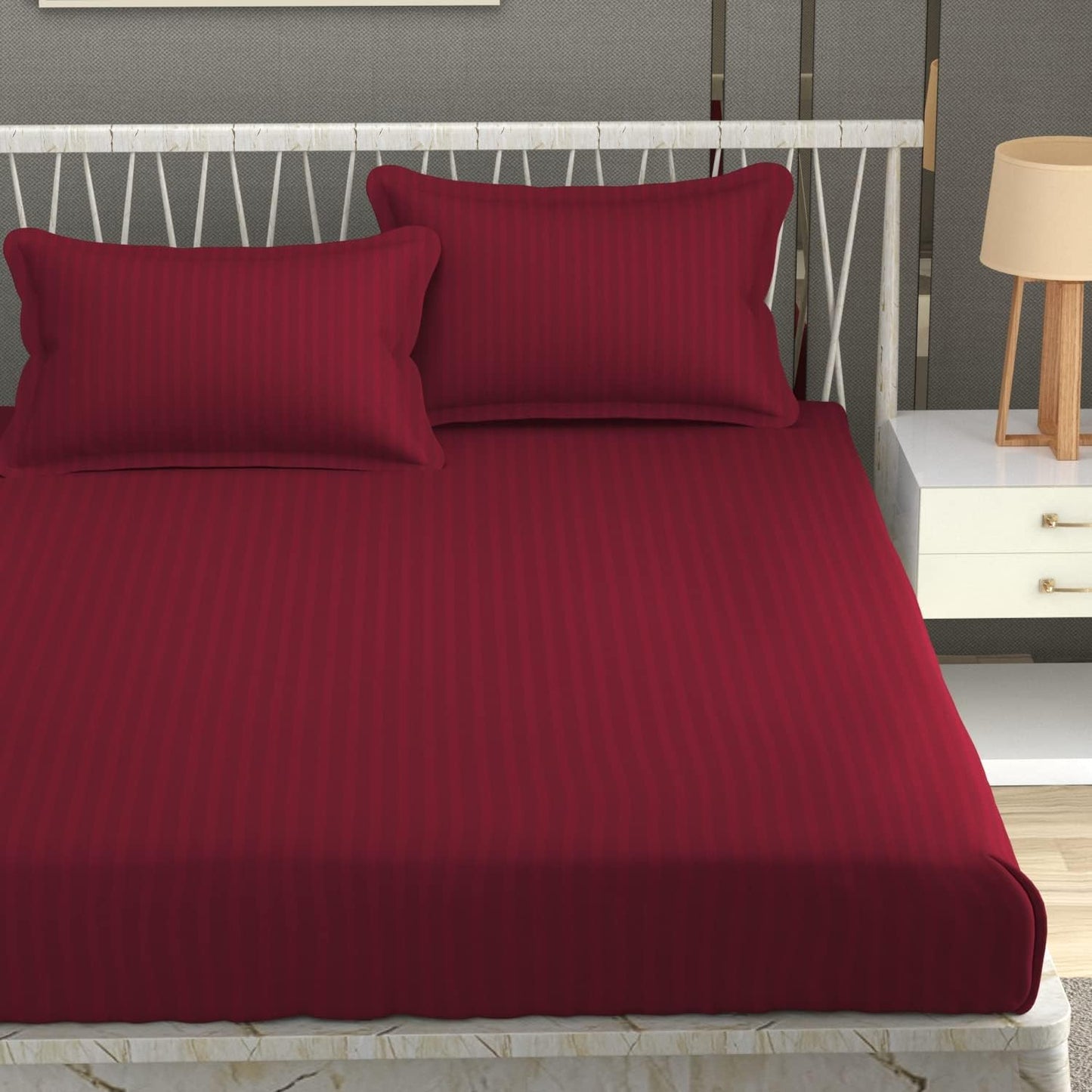 Dark Red Satin Premium King Size Bedsheet (108" x 108"): 400 TC