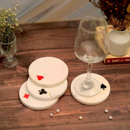 Marble Card Tea Coasters Set of 4 (Marble & Semi Precious Inlay Stone)